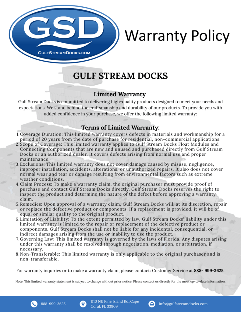 Gulf Stream Docks Warranty Policy